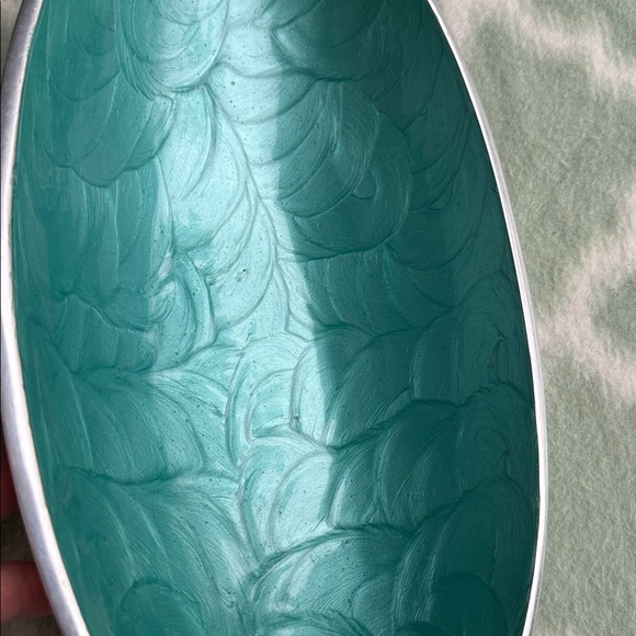 Modern aluminum Teal enamel asymmetrical Oval boat shaped Decorative Bowl - Picture 3 of 11
